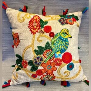 Arhaus Throw Pillow Beaded & Embroidered Bird Flowers GORGEOUS 16x16”